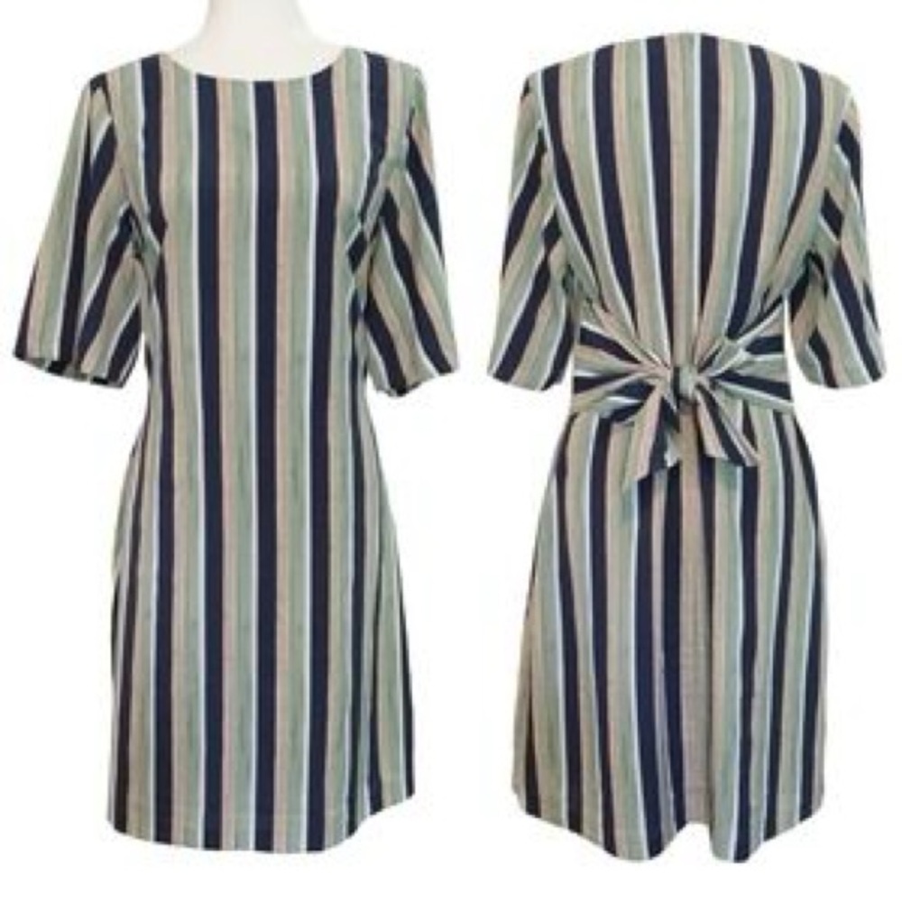2/$30 Ann Taylor Blue and Green Striped Tie Back Midi Dress Sz 8 #2275